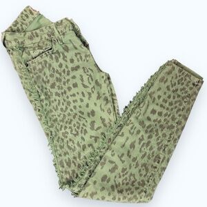 Green Leopard Print with Frayed Fringe Seams Jeans
